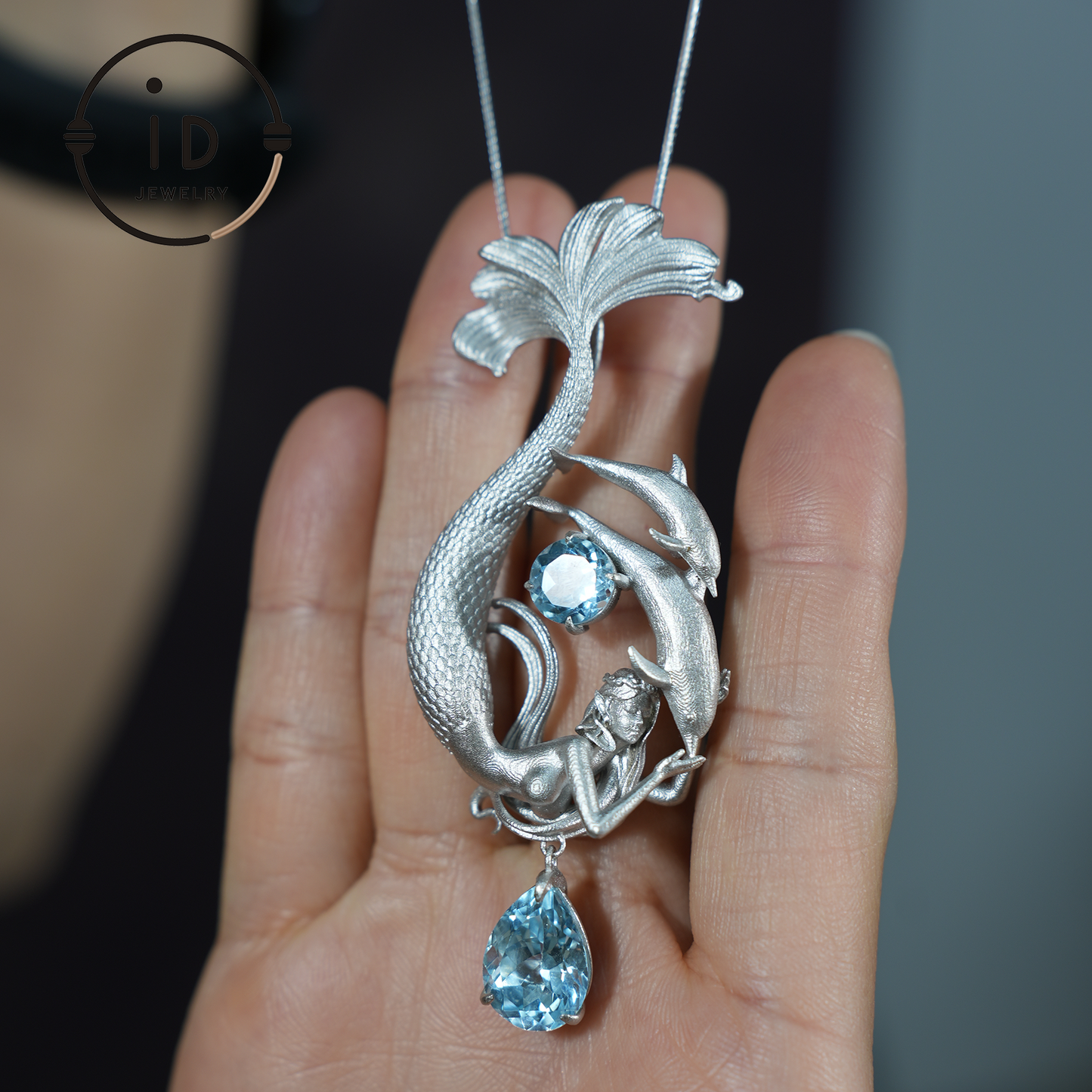Dreamy Ocean Mermaid Pendant - 925 Silver with Aquamarine | Handcrafted Fantasy Jewelry
