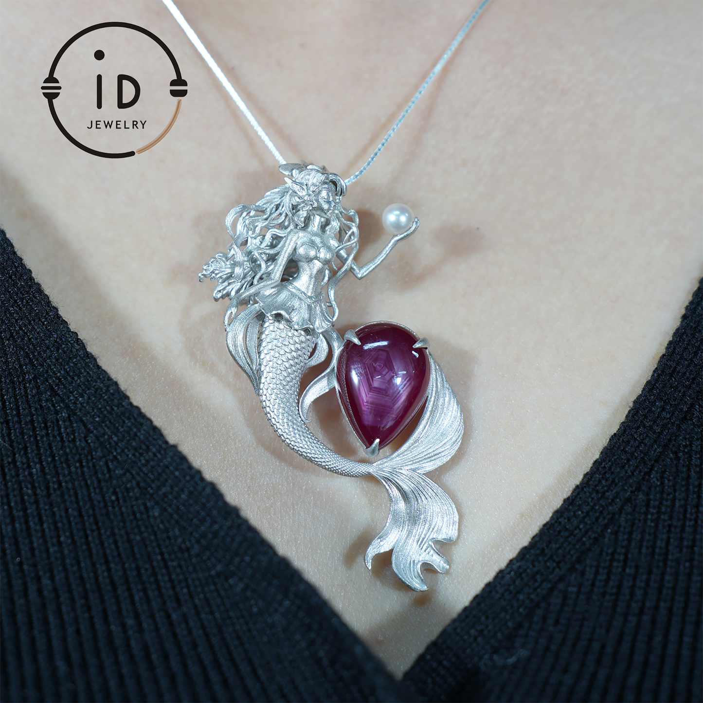 Mermaid Pendant | 925 Sterling Silver & Star Ruby | Handmade Fantasy Jewelry
