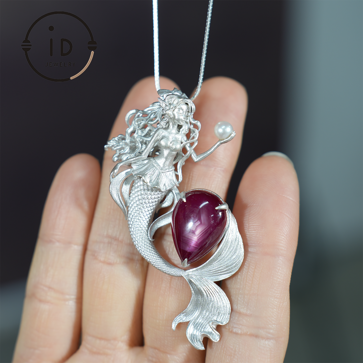 Mermaid Pendant | 925 Sterling Silver & Star Ruby | Handmade Fantasy Jewelry