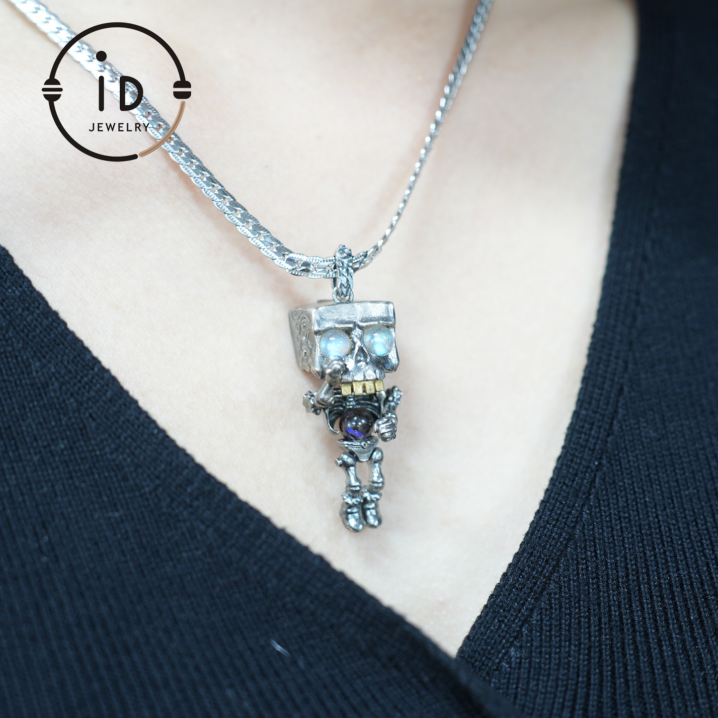 Mechanical Skull Pendant | S925 Silver with Labradorite | Unique Gothic Jewelry