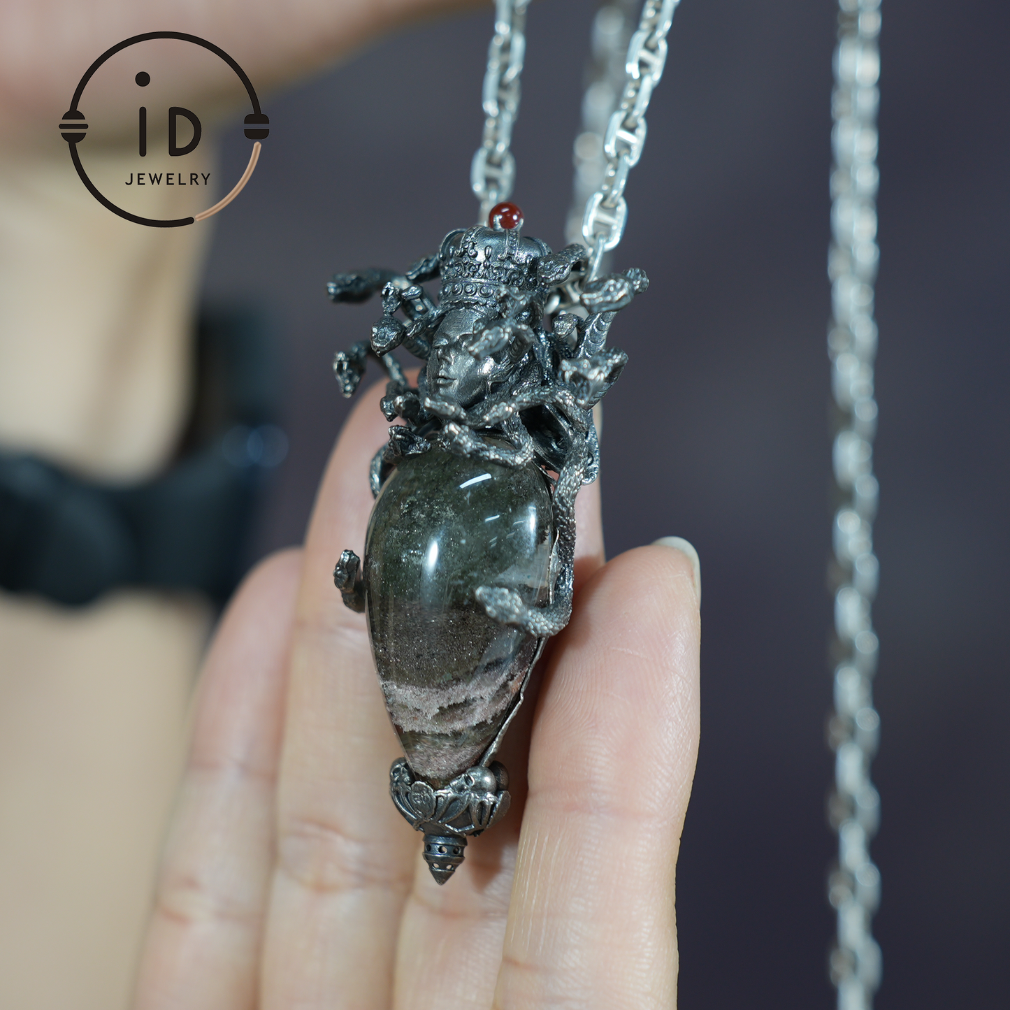 Medusa’s Gaze Pendant – 925 Sterling Silver, phantom quartz, Handcrafted Mythical Jewelry, Unique Statement Piece
