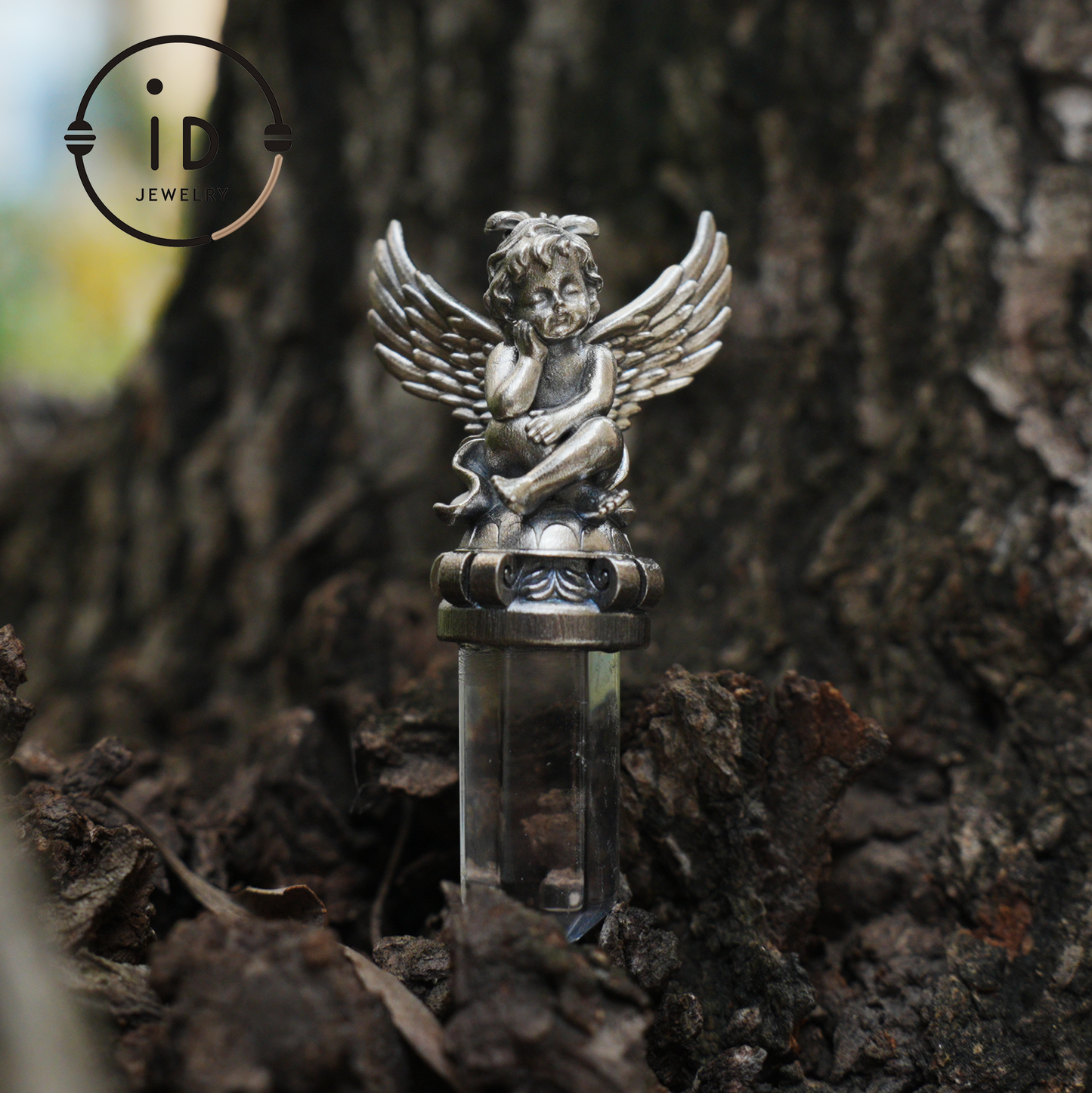 Gothic pendant with clear quartz crystal in 925 sterling silver, winged seated figure in vintage style, spiritual necklace gift for women