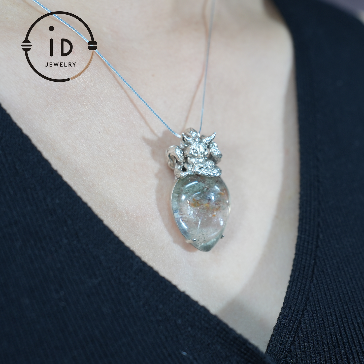 Fox Spirit Crystal Pendant - Handcrafted 925 Sterling Silver Jewelry with phantom quartz, Unique Fantasy Pendant, Perfect Gift for Special Occasions