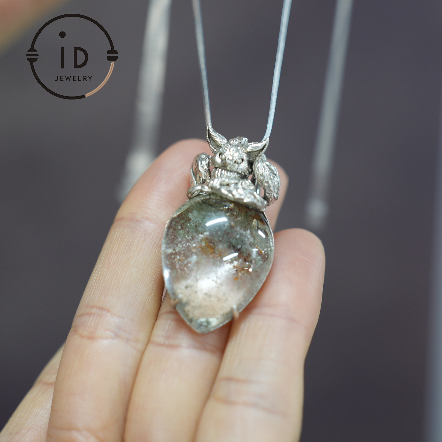 Fox Spirit Crystal Pendant - Handcrafted 925 Sterling Silver Jewelry with phantom quartz, Unique Fantasy Pendant, Perfect Gift for Special Occasions