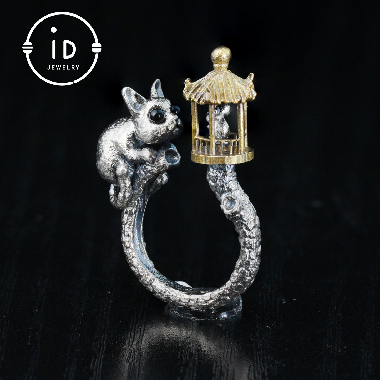 Adjustable Silver Cat Ring with Lantern & Black Onyx Eyes – Handmade Gothic Animal Jewelry, Totem Style Gift for Her, Birthday or Christmas