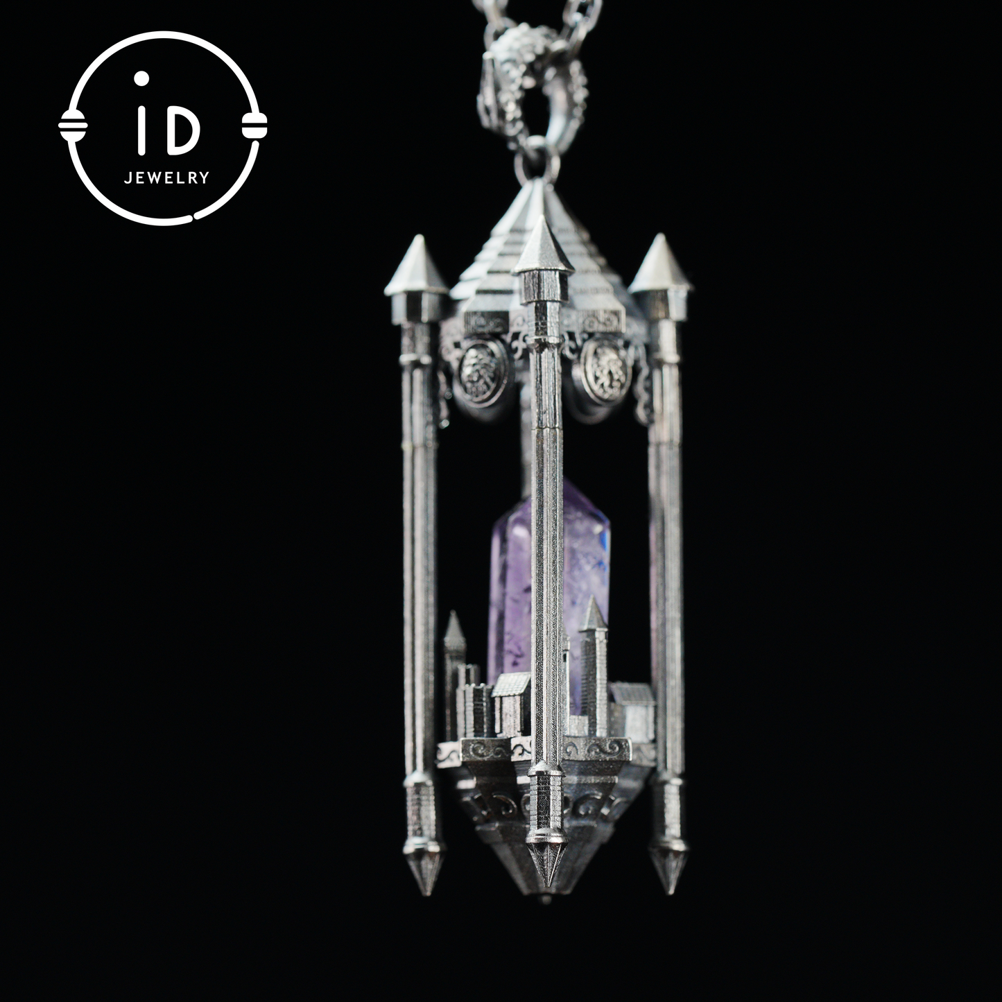 Architectural Amethyst Pendant|Natural Crystal Wrapped in Silver Columns|Focus Symbol for the Soul|Mystical Gothic Gift for Her