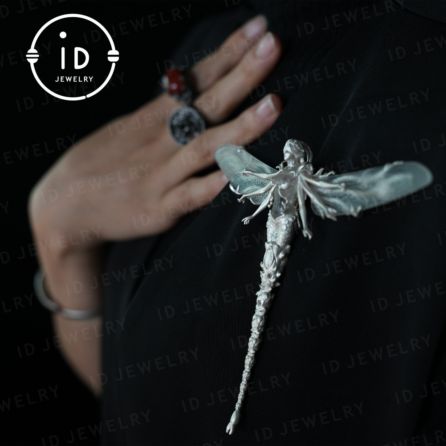 Mysterious dragonfly fairy| handmade fantasy art jewelry| elegant wing design| white crystal fairy brooch pendant two in one| mythical style gift