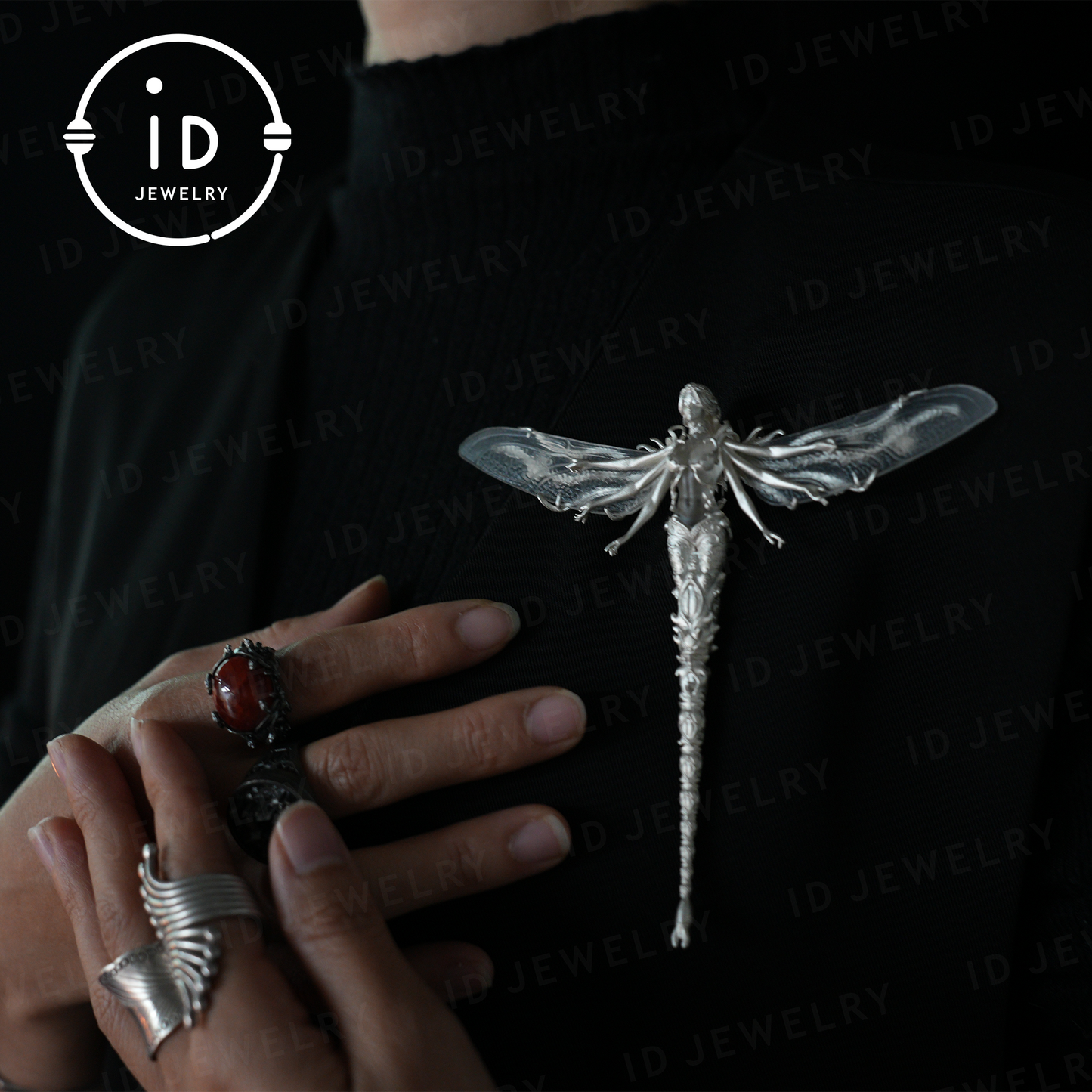 Mysterious dragonfly fairy| handmade fantasy art jewelry| elegant wing design| white crystal fairy brooch pendant two in one| mythical style gift