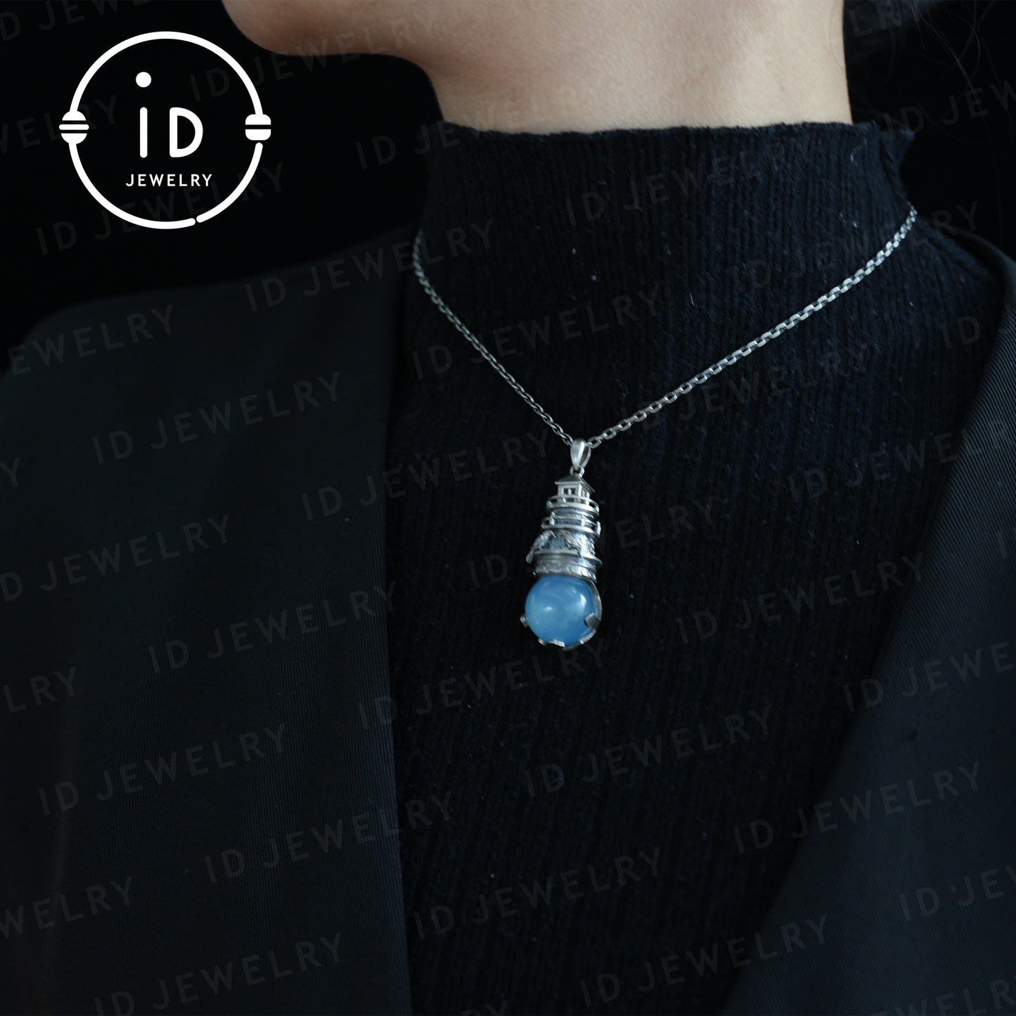 Handmade Lighthouse Pendant | Gothic Amulet with Aquamarine | Mystic Ravens | Magical Protection Jewelry | Vintage Fantasy Style