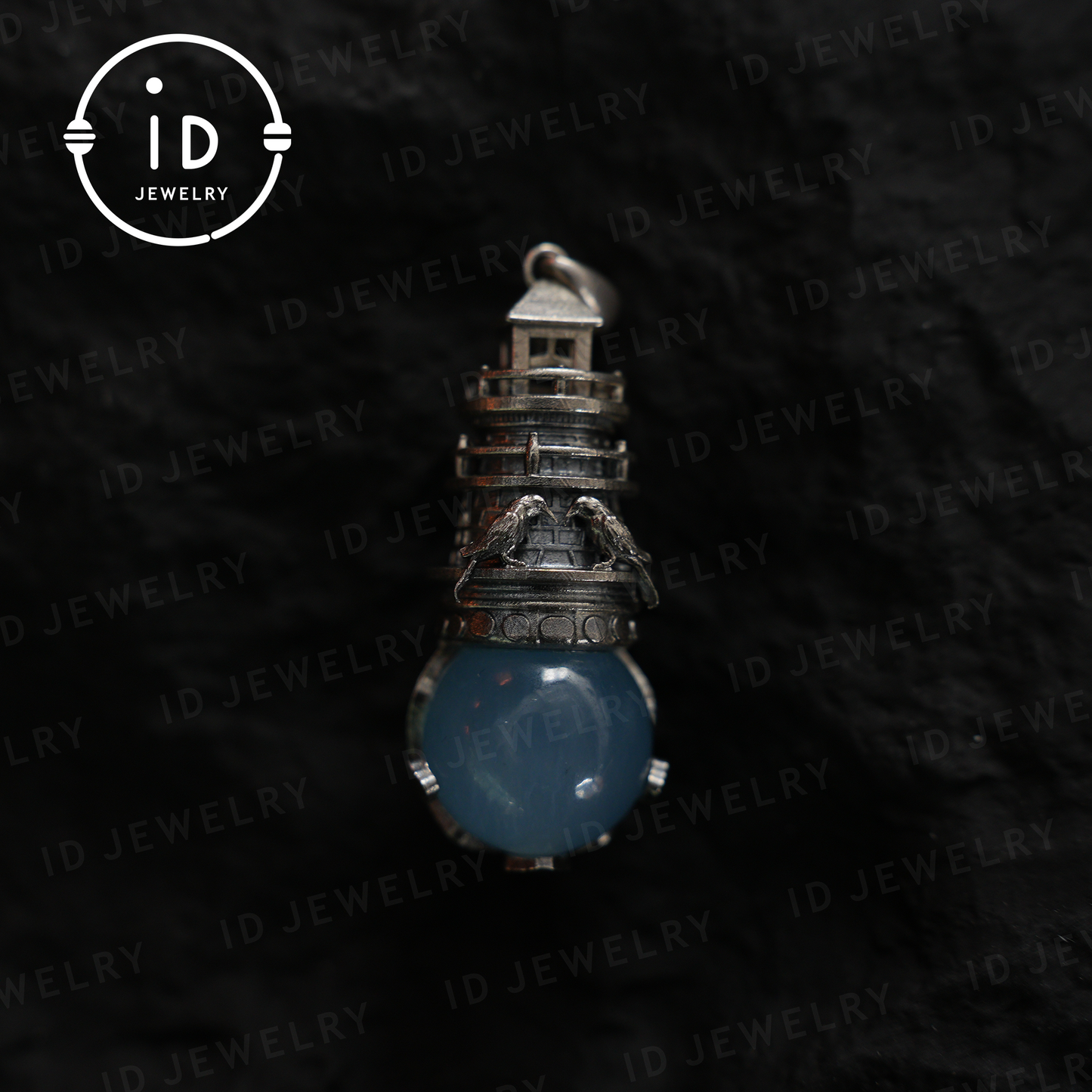 Handmade Lighthouse Pendant | Gothic Amulet with Aquamarine | Mystic Ravens | Magical Protection Jewelry | Vintage Fantasy Style