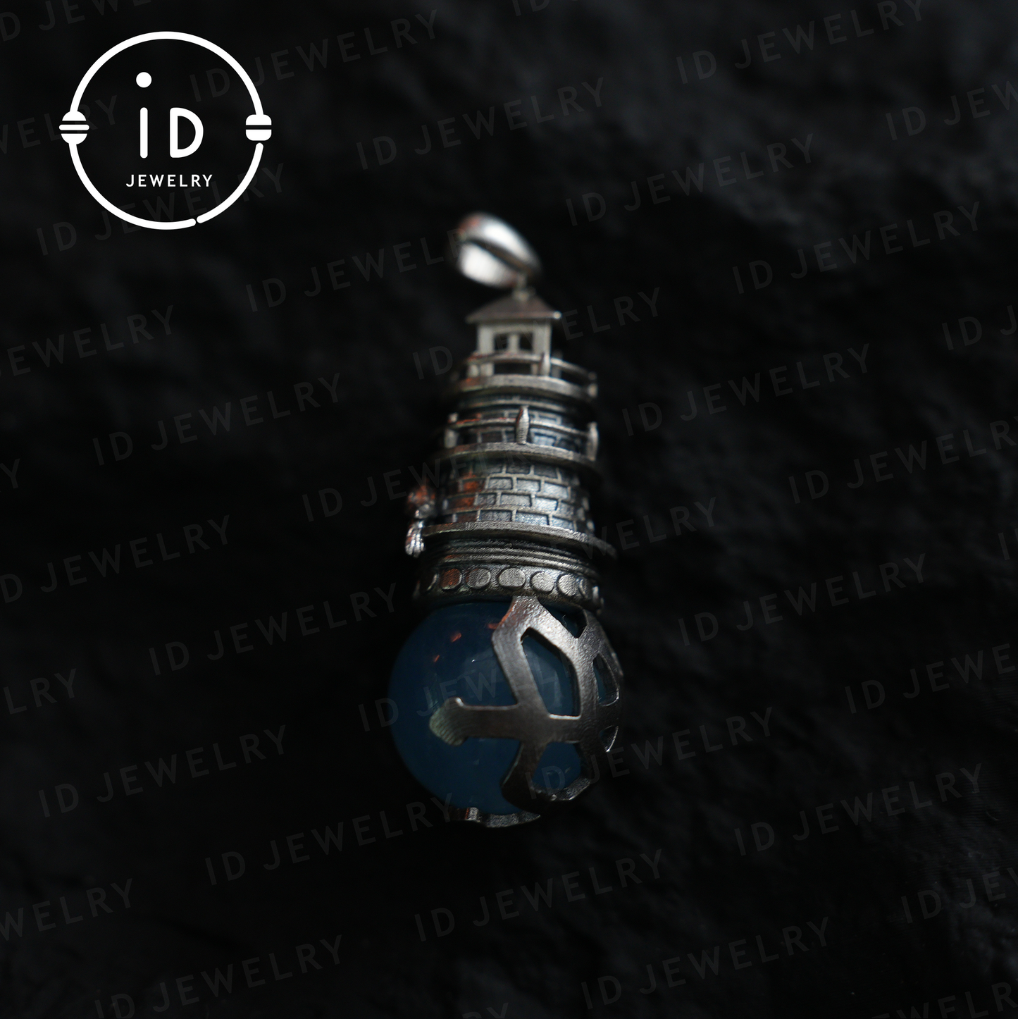 Handmade Lighthouse Pendant | Gothic Amulet with Aquamarine | Mystic Ravens | Magical Protection Jewelry | Vintage Fantasy Style