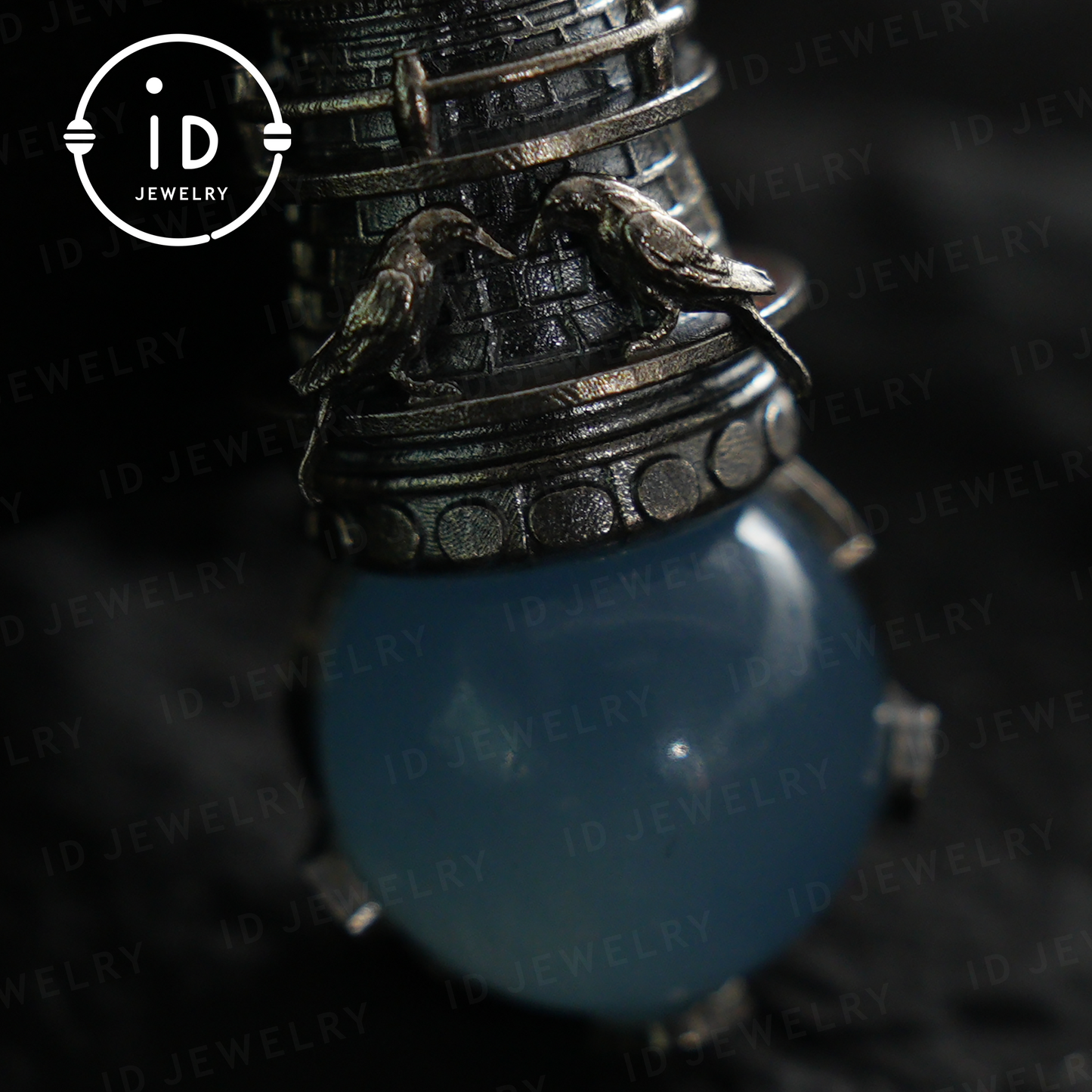 Handmade Lighthouse Pendant | Gothic Amulet with Aquamarine | Mystic Ravens | Magical Protection Jewelry | Vintage Fantasy Style
