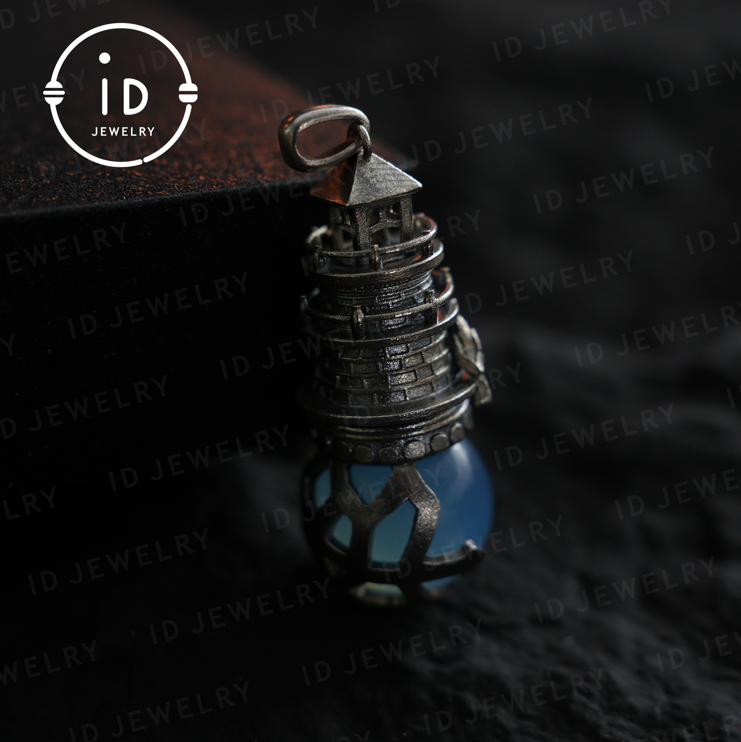 Handmade Lighthouse Pendant | Gothic Amulet with Aquamarine | Mystic Ravens | Magical Protection Jewelry | Vintage Fantasy Style