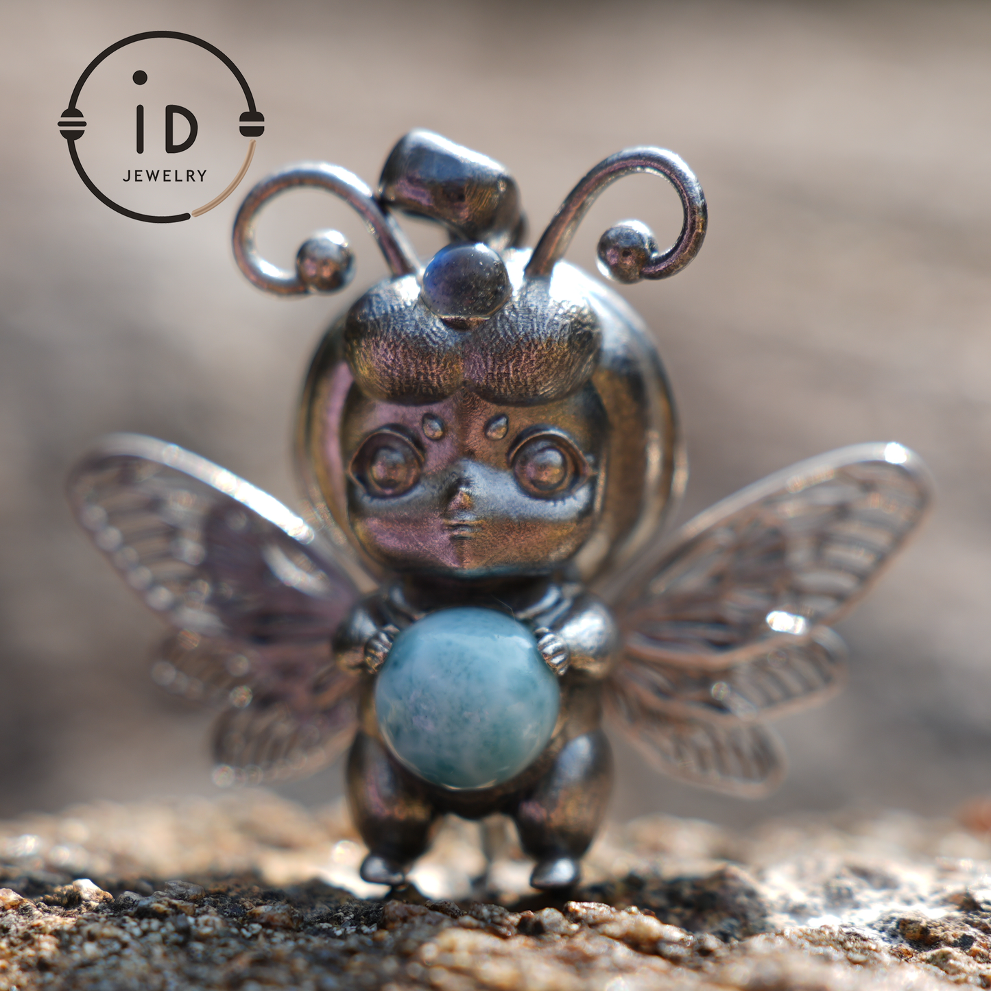 Little Bee Fairy Pendant – Handcrafted 925 Silver, Larimar Stone, Art Nouveau, Recycled Jewelry