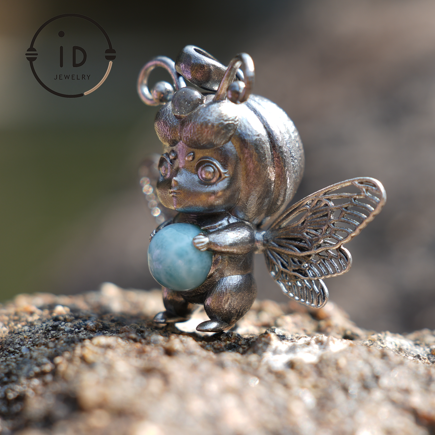 Little Bee Fairy Pendant – Handcrafted 925 Silver, Larimar Stone, Art Nouveau, Recycled Jewelry
