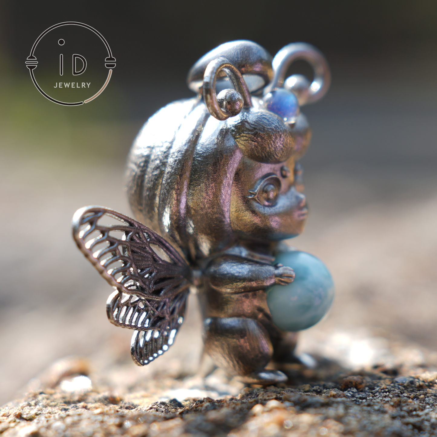 Little Bee Fairy Pendant – Handcrafted 925 Silver, Larimar Stone, Art Nouveau, Recycled Jewelry