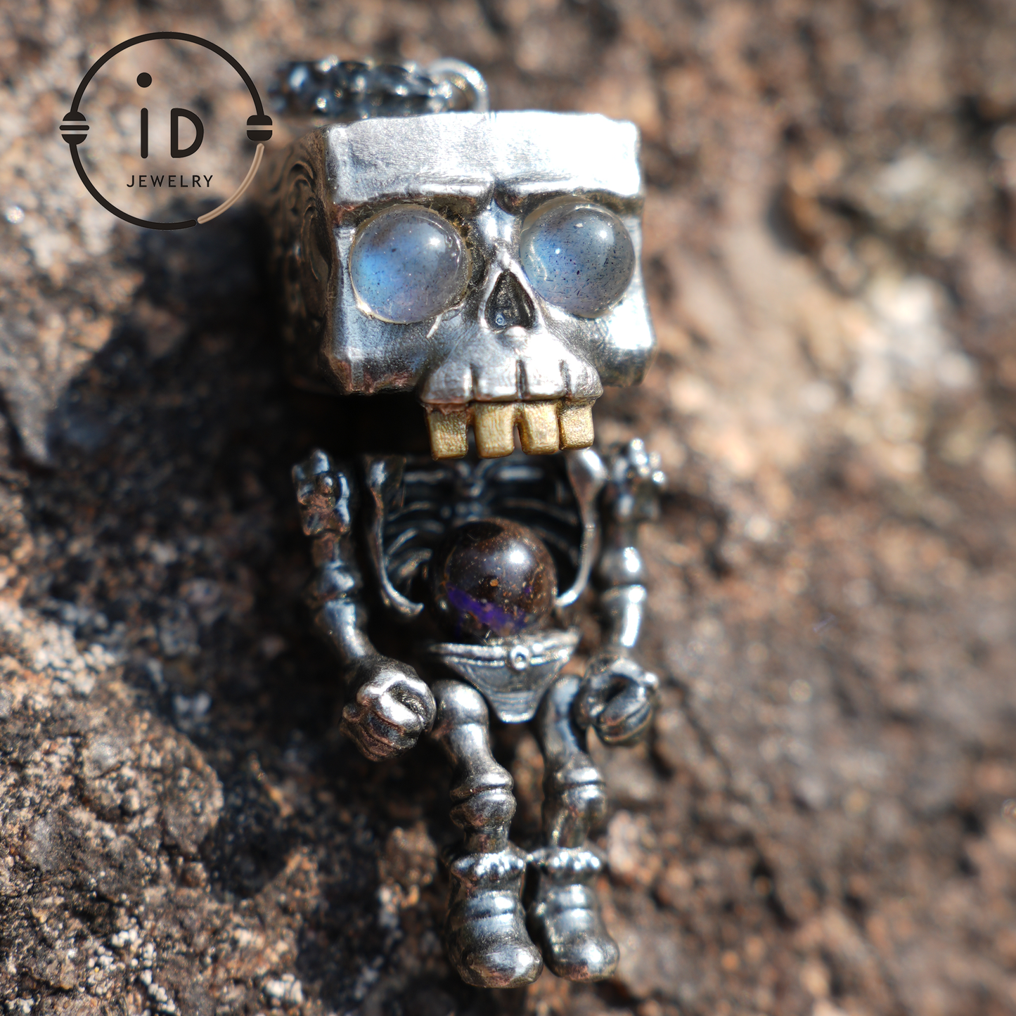 Mechanical Skull Pendant | S925 Silver with Labradorite | Unique Gothic Jewelry