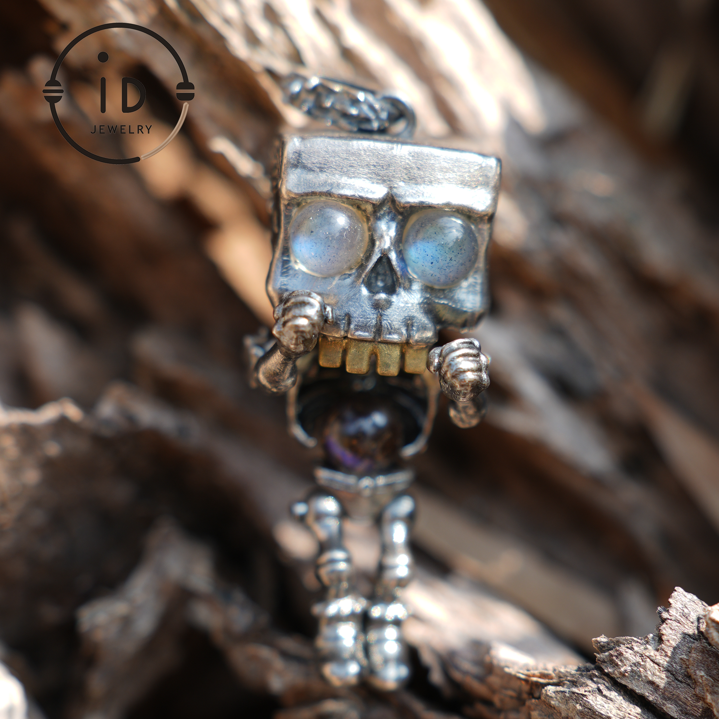 Mechanical Skull Pendant | S925 Silver with Labradorite | Unique Gothic Jewelry