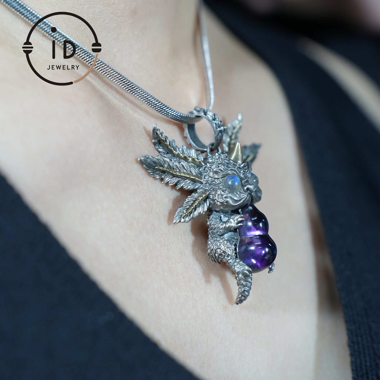 Mystic Creature Guardian Pendant - S925 Silver with Amethyst - Handcrafted Fantasy Jewelry