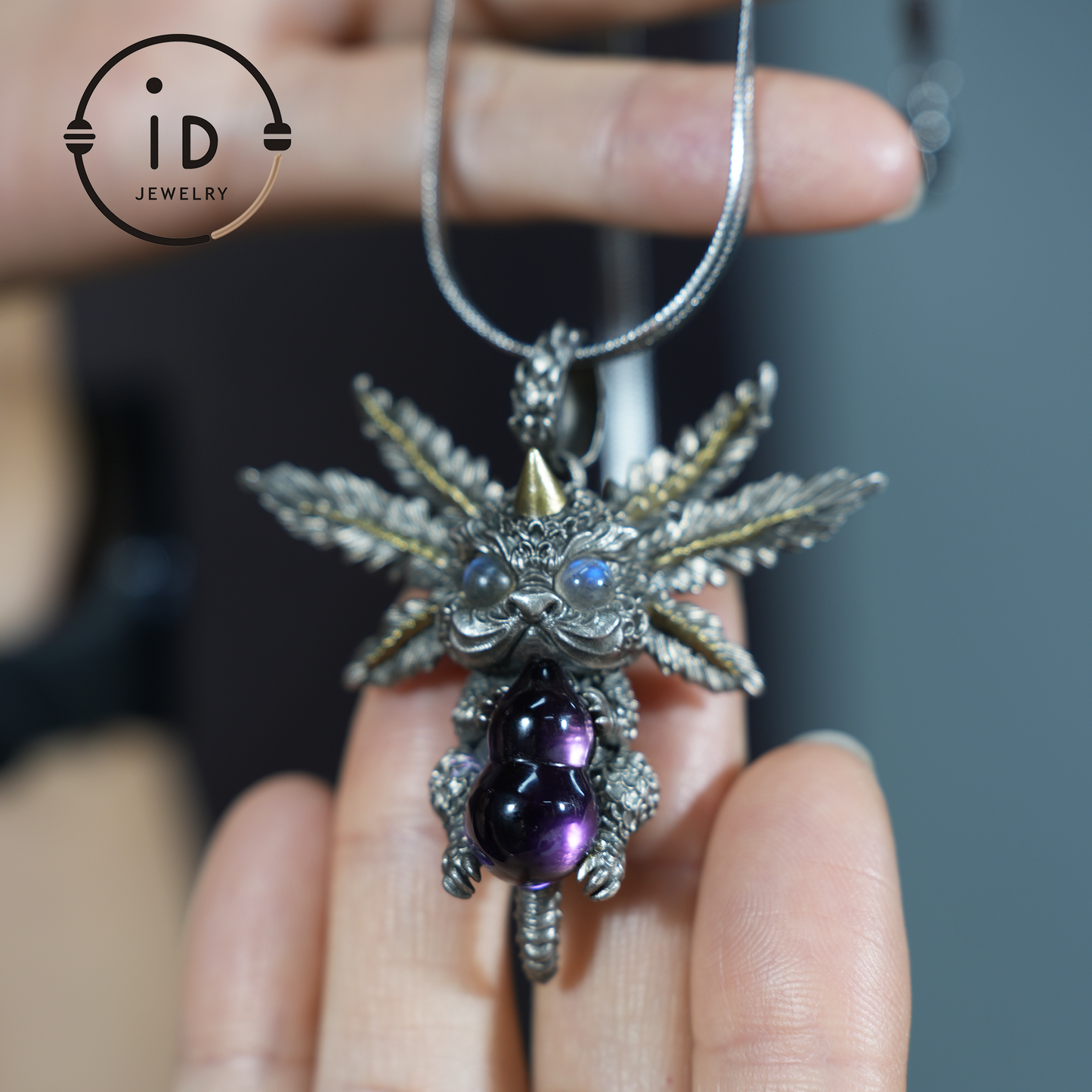 Mystic Creature Guardian Pendant - S925 Silver with Amethyst - Handcrafted Fantasy Jewelry