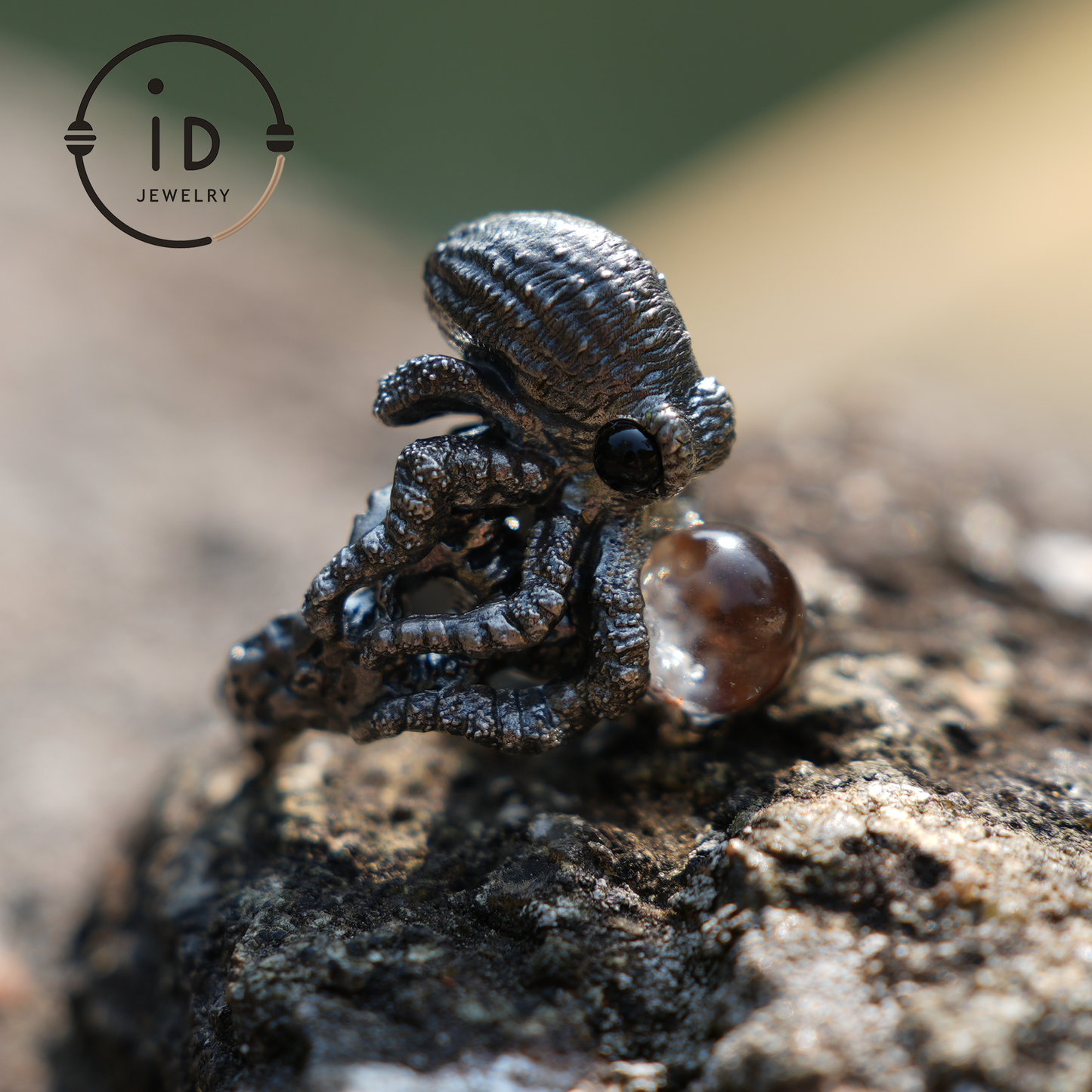 Ring im Oktopus-Design aus 925er Sterlingsilber mit Phantomstein – handgefertigter Fantasieschmuck für Sammler