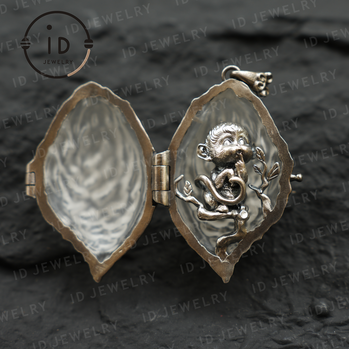 Mystischer Affenanhänger mit weißer Kristallmuschel, handgefertigtes Fantasy-Amulett, Medaillon-Halskette im orientalischen Stil zum Verschenken und Sammeln