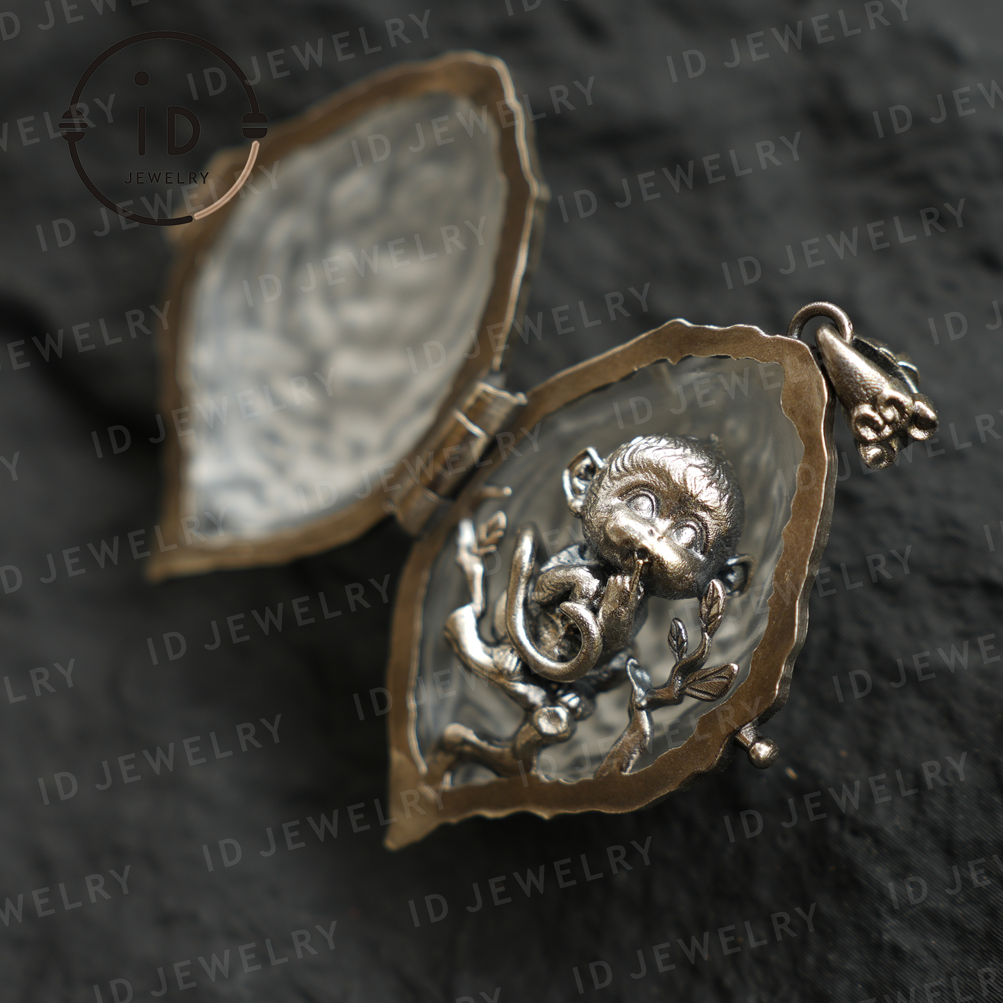 Mystischer Affenanhänger mit weißer Kristallmuschel, handgefertigtes Fantasy-Amulett, Medaillon-Halskette im orientalischen Stil zum Verschenken und Sammeln