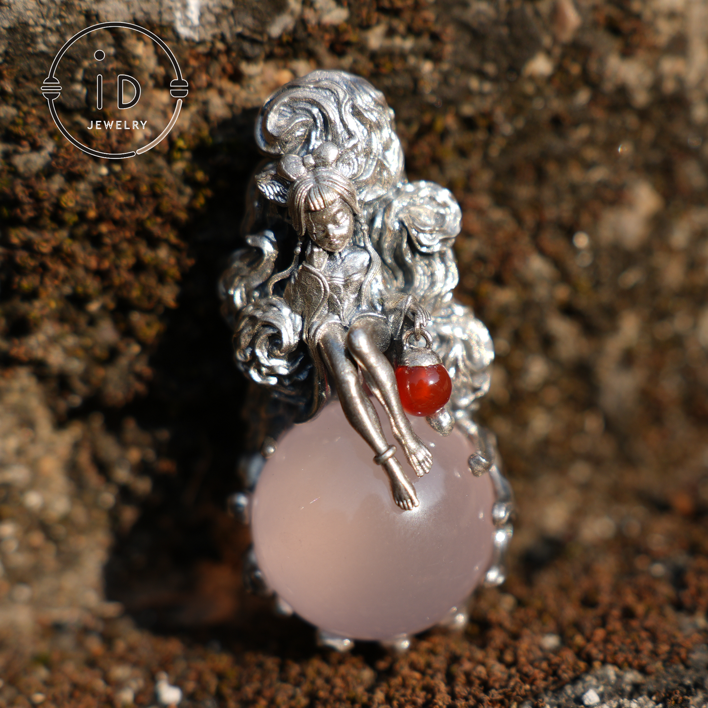 925 Sterling Silver Mermaid Pendant with Rose Quartz – Handcrafted Fantasy Jewelry for Women
