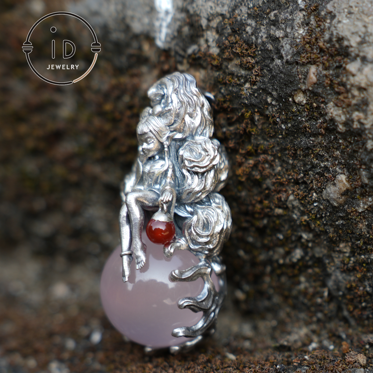 925 Sterling Silver Mermaid Pendant with Rose Quartz – Handcrafted Fantasy Jewelry for Women