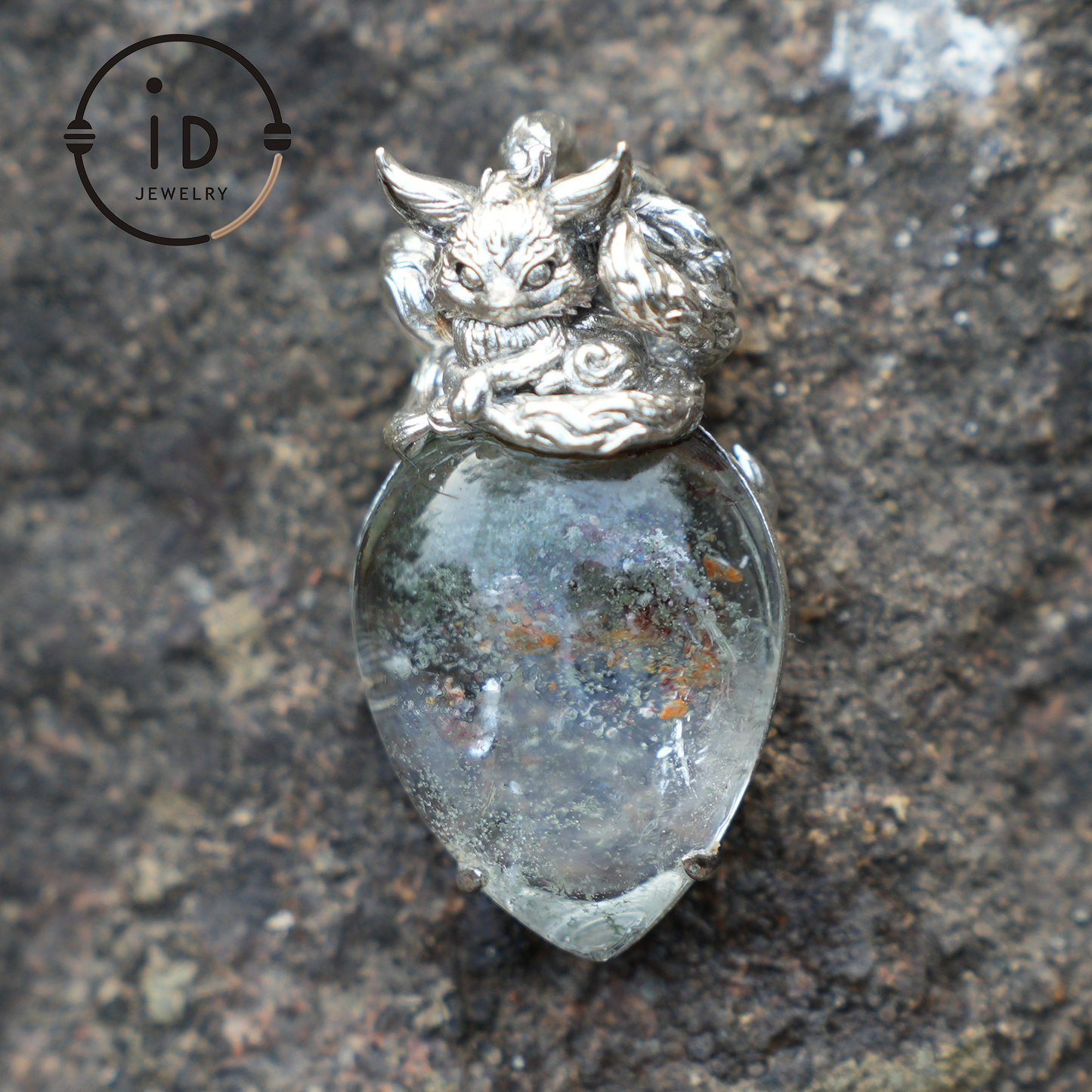 Fox Spirit Crystal Pendant - Handcrafted 925 Sterling Silver Jewelry with phantom quartz, Unique Fantasy Pendant, Perfect Gift for Special Occasions