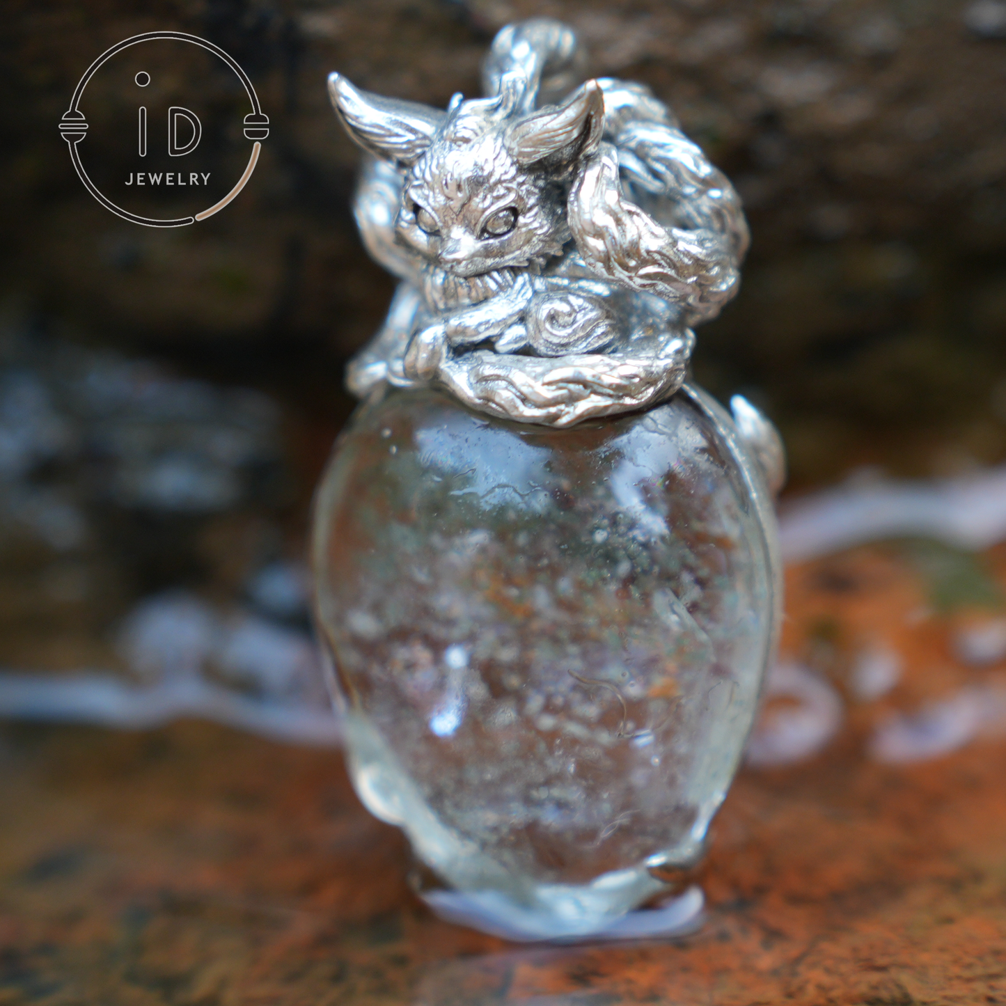 Fox Spirit Crystal Pendant - Handcrafted 925 Sterling Silver Jewelry with phantom quartz, Unique Fantasy Pendant, Perfect Gift for Special Occasions