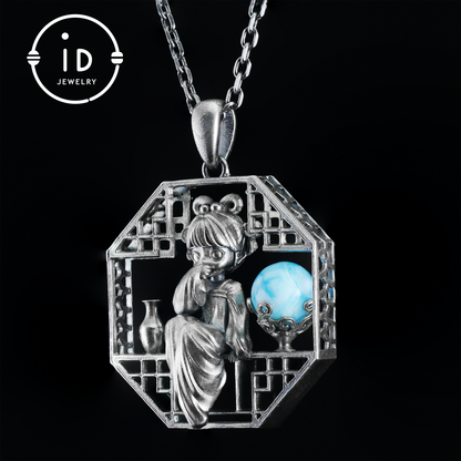 Handgefertigter achteckiger Anhänger mit Aussparung | Natürlicher Larimar-Kugel-Akzent | Retro-inspiriertes geometrisches Statement-Geschenk für kreative Seelen