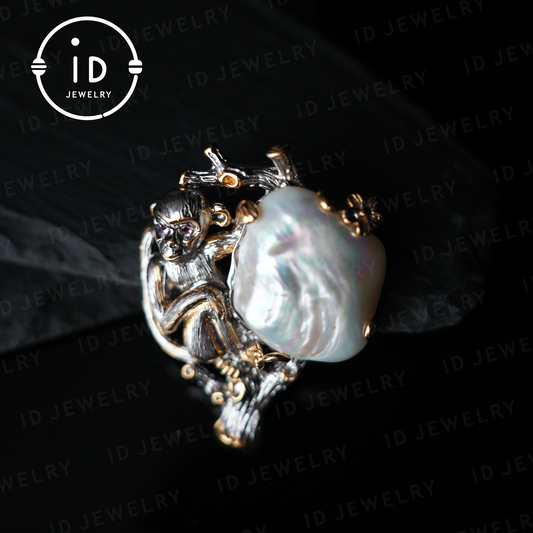 Monkey Brooch Pendant | Handmade Baroque Pearl Jewelry | Artistic Animal Design | Gold Plated Silver
