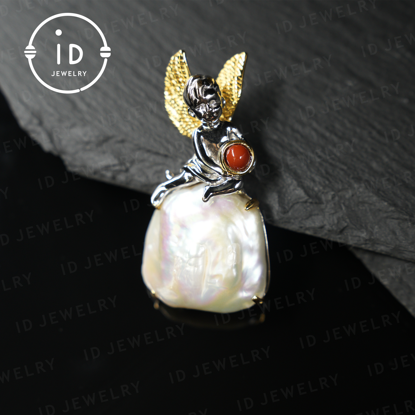 Handgefertigter Engelsanhänger | Barockperlenschmuck mit Karneol | Amulettgeschenk | Fantasy-Kunstschmuck 