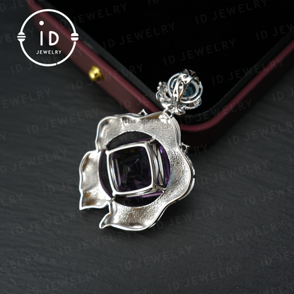 Handgefertigter Amethyst-Blumenanhänger, Vintage-Stil, großer Edelsteinanhänger, einzigartiges Design 
