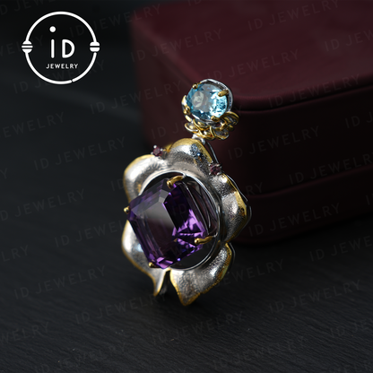 Handgefertigter Amethyst-Blumenanhänger, Vintage-Stil, großer Edelsteinanhänger, einzigartiges Design 