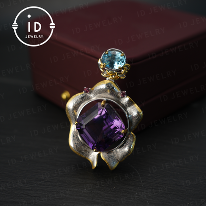 Handgefertigter Amethyst-Blumenanhänger, Vintage-Stil, großer Edelsteinanhänger, einzigartiges Design 