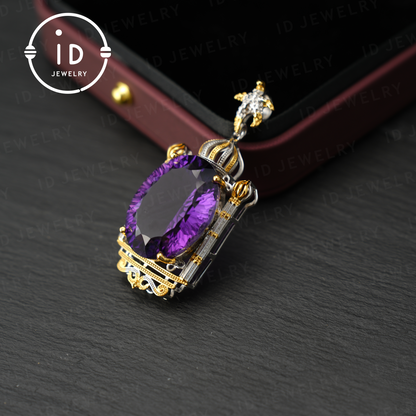 Luxuriöser Amethyst Anhänger, Barock Stil, handgefertigter Schmuck, vergoldeter Edelstein Anhänger, Geschenk für Frauen 