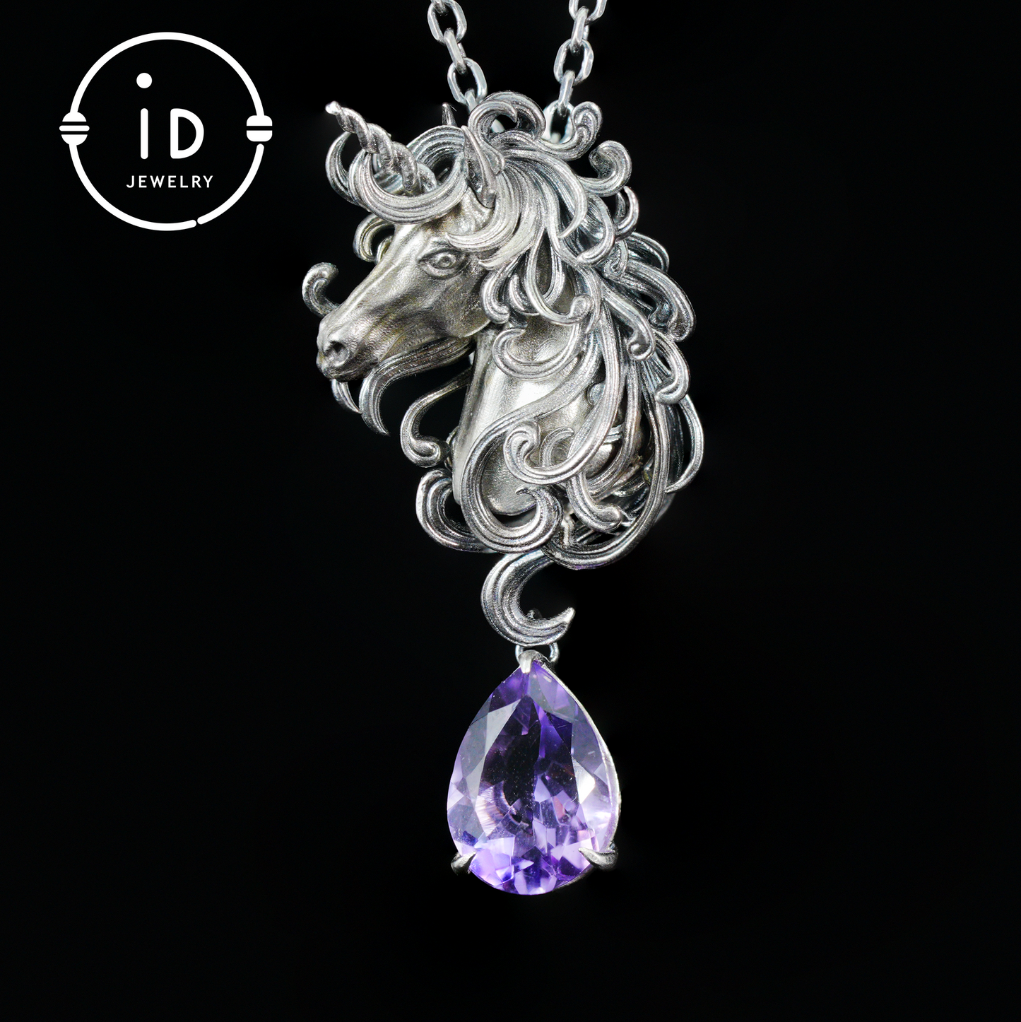 Einhorn-Halskette mit Amethyst-Tropfen – Mystischer Anhänger aus 925er Sterlingsilber – Fantasy-Geistertier-Schmuck für Frauen 