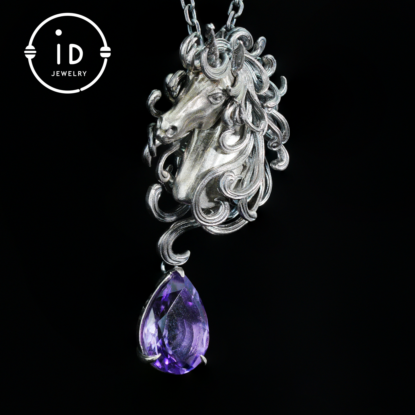 Einhorn-Halskette mit Amethyst-Tropfen – Mystischer Anhänger aus 925er Sterlingsilber – Fantasy-Geistertier-Schmuck für Frauen 