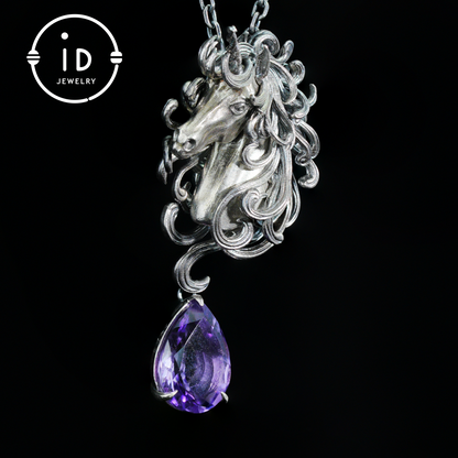 Einhorn-Halskette mit Amethyst-Tropfen – Mystischer Anhänger aus 925er Sterlingsilber – Fantasy-Geistertier-Schmuck für Frauen 