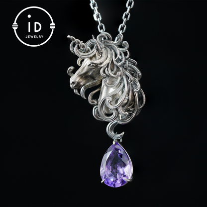 Einhorn-Halskette mit Amethyst-Tropfen – Mystischer Anhänger aus 925er Sterlingsilber – Fantasy-Geistertier-Schmuck für Frauen 