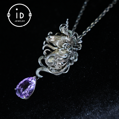 Einhorn-Halskette mit Amethyst-Tropfen – Mystischer Anhänger aus 925er Sterlingsilber – Fantasy-Geistertier-Schmuck für Frauen 