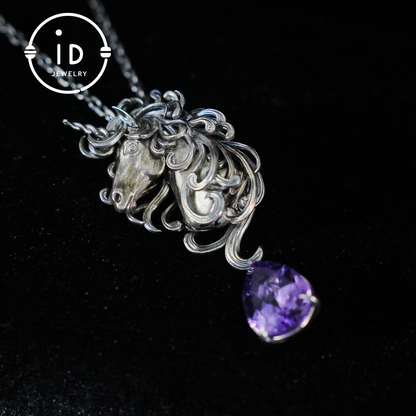 Einhorn-Halskette mit Amethyst-Tropfen – Mystischer Anhänger aus 925er Sterlingsilber – Fantasy-Geistertier-Schmuck für Frauen 
