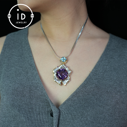 Handgefertigter Amethyst-Blumenanhänger, Vintage-Stil, großer Edelsteinanhänger, einzigartiges Design 