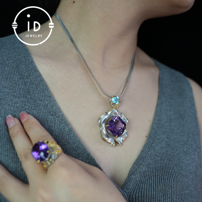Handgefertigter Amethyst-Blumenanhänger, Vintage-Stil, großer Edelsteinanhänger, einzigartiges Design 