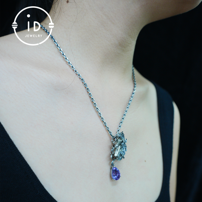 Einhorn-Halskette mit Amethyst-Tropfen – Mystischer Anhänger aus 925er Sterlingsilber – Fantasy-Geistertier-Schmuck für Frauen 