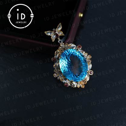 Mystischer Blautopas-Anhänger | Handgefertigter Schmuck | Barockstil | 18 Karat vergoldetes Silber | Luxuriöser Statement-Anhänger | Fantasie-Geschenk | Edelsteinschmuck 