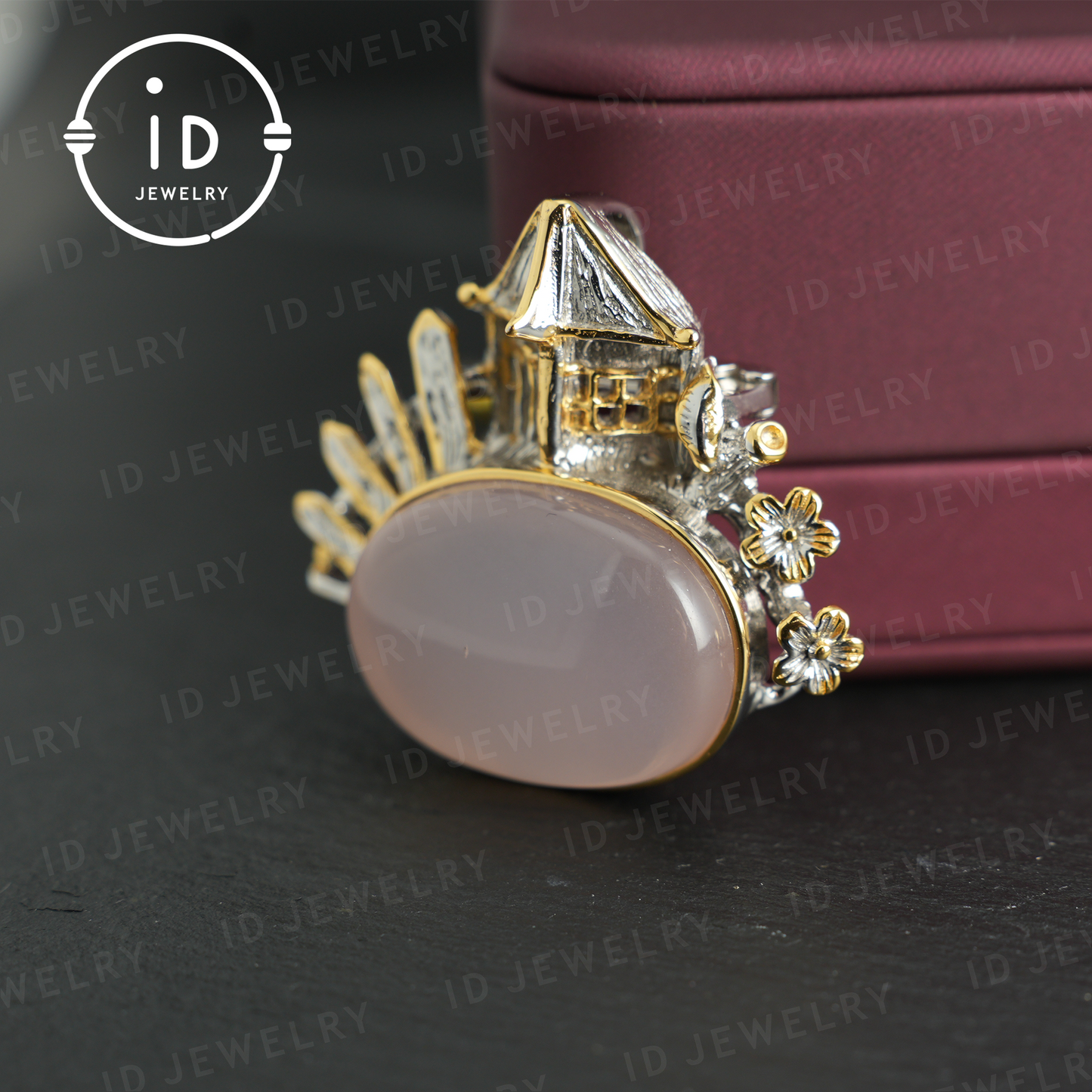 Chinese Pavilion Brooch| Natural Rose Quartz Jewelry| Gold-Plated Pendant| Handmade Architecture Brooch| Unique Gift for Women