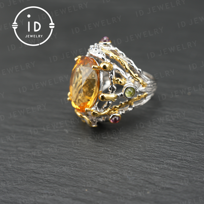 Natürlicher Citrin Ring | Vintage Boho Edelstein Ring | Handgefertigter Schmuck | Luxuriöser Statement Ring | Künstlerisches Design | Geschenk für Sie 